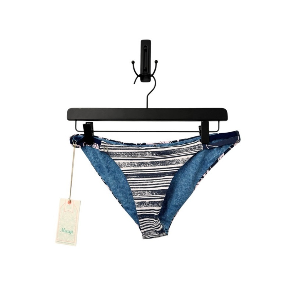NEW MAAJI Blue + Pink Floral/Striped + Denim Reversible Cut-Out Bikini Bottoms